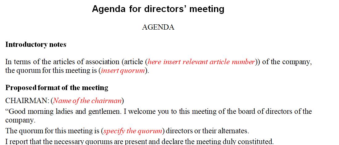 Agenda for Directors Meeting